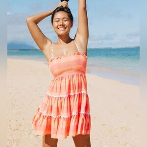 Sundress The Brand Large / XL Big Gingham Coral Smocked Rickrack DRESS Beach